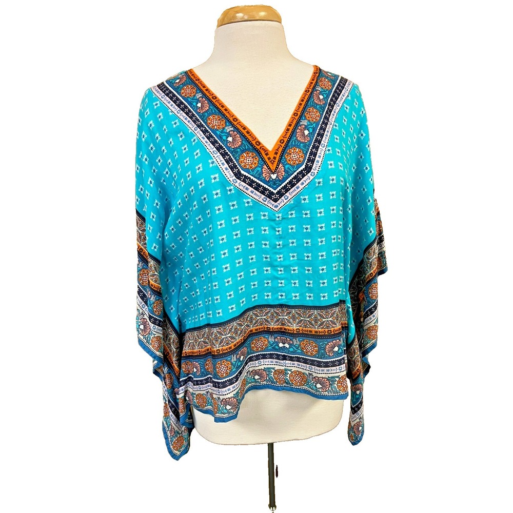 Sundance Caftan‎ Top Turquoise Orange Multi Color & Print V-Neck Short Sleeve, M